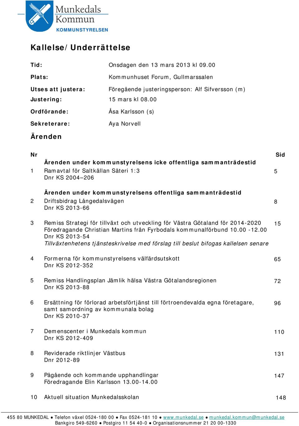 00 Ordförande: Sekreterare: Åsa Karlsson (s) Aya Norvell Ärenden Nr Ärenden under kommunstyrelsens icke offentliga sammanträdestid 1 Ramavtal för Saltkällan Säteri 1:3 Dnr KS 2004 206 Sid 5 Ärenden