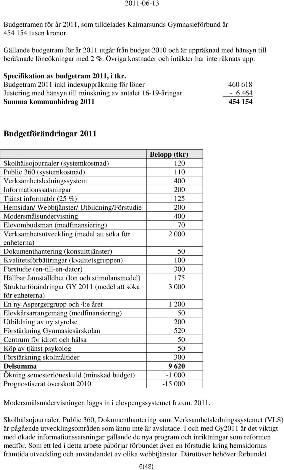 Specifikation av budgetram 2011, i tkr.