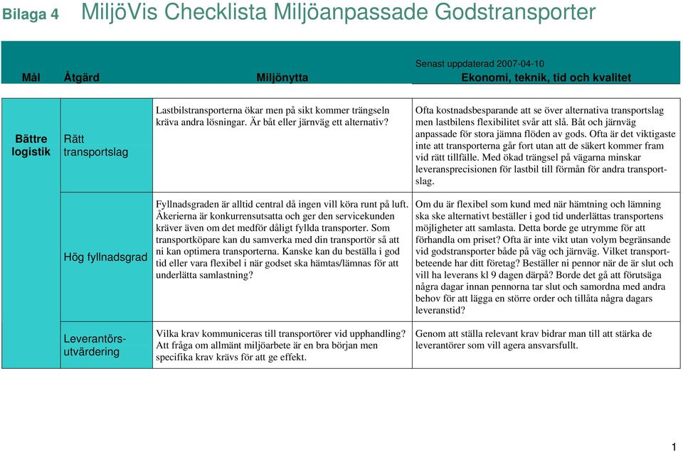 Ofta kostnadsbesparande att se över alternativa transportslag men lastbilens flexibilitet svår att slå. Båt och järnväg anpassade för stora jämna flöden av gods.