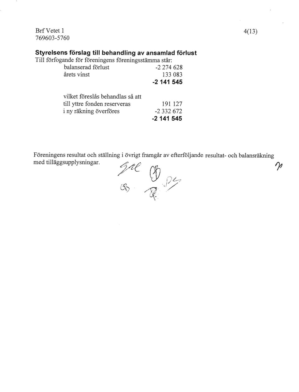 reserveras i ny räkning överföres 191 127-2332672 -2141 545 Föreningens resultat och ställning i övrigt framgår