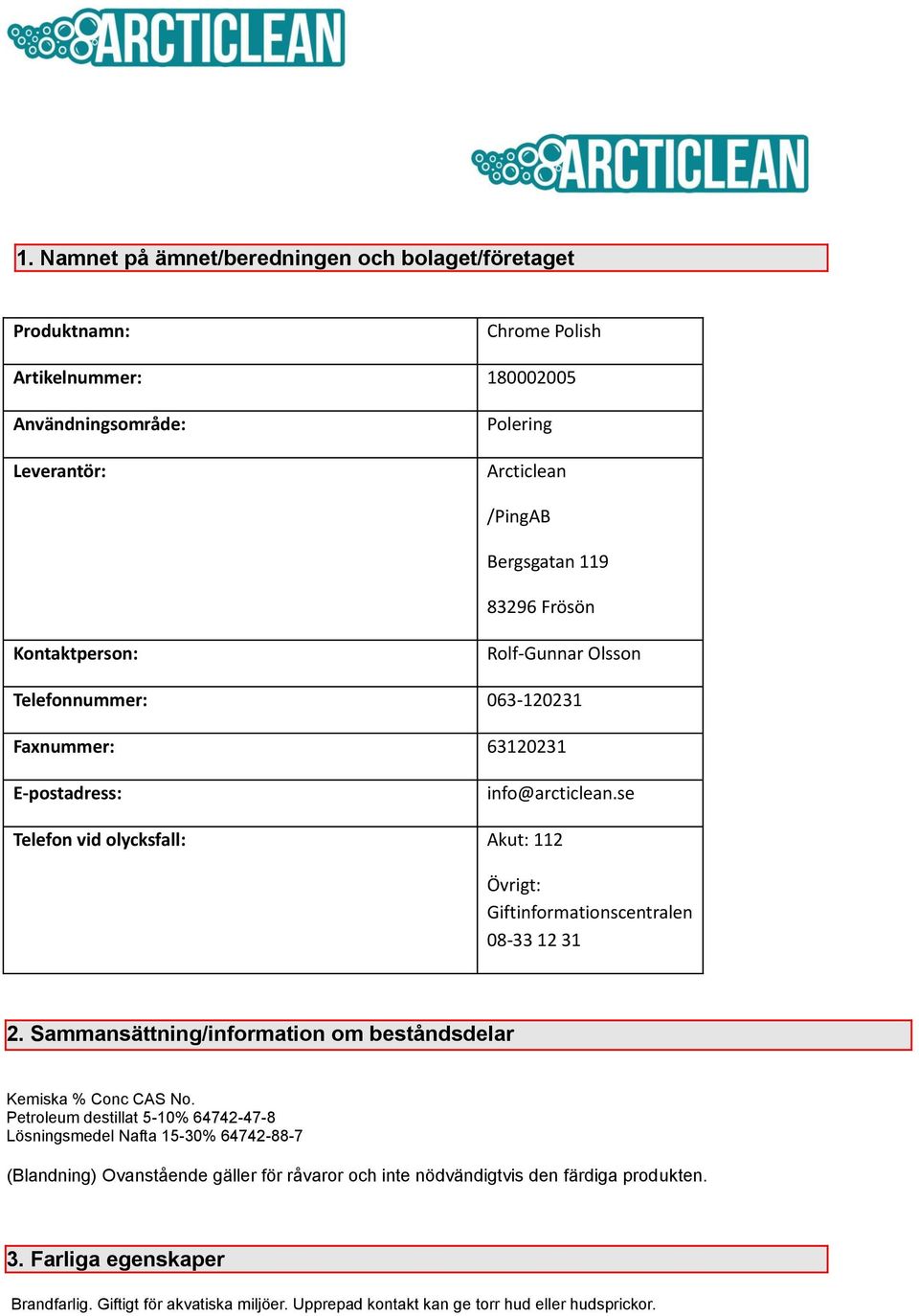 se Telefon vid olycksfall: Akut: 112 Övrigt: Giftinformationscentralen 08-33 12 31 2. Sammansättning/information om beståndsdelar Kemiska % Conc CAS No.