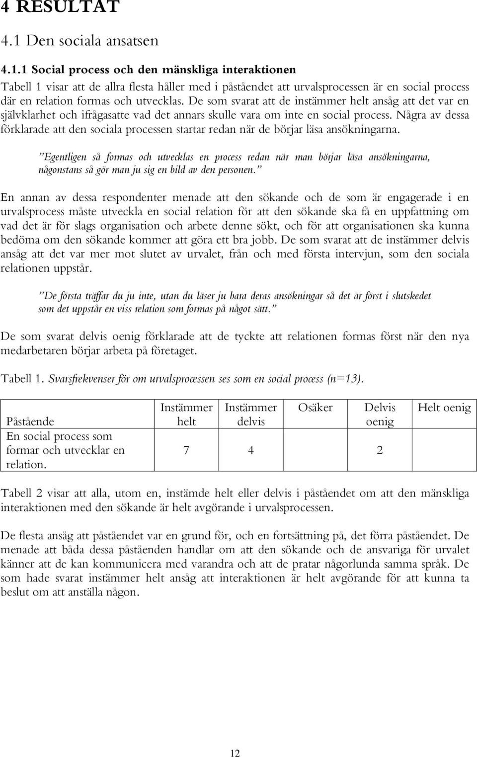 1 Social process och den mänskliga interaktionen Tabell 1 visar att de allra flesta håller med i påståendet att urvalsprocessen är en social process där en relation formas och utvecklas.