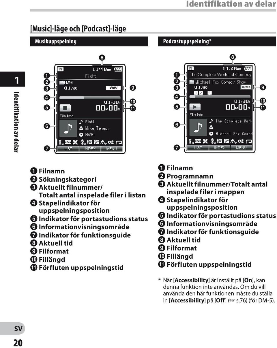 1 Filnamn 2 Sökningskategori 3 Aktuellt filnummer/ Totalt antal inspelade filer i listan 4 Stapelindikator för uppspelningsposition 5 Indikator för portastudions status 6 Informationvisningsområde 7