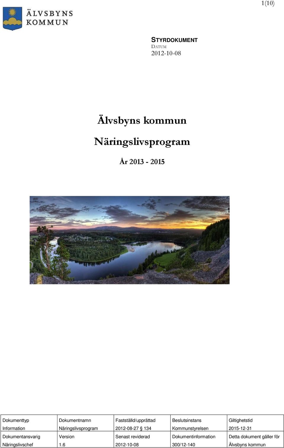 Näringslivsprogram 2012-08-27 134 Kommunstyrelsen 2015-12-31 Dokumentansvarig Version Senast