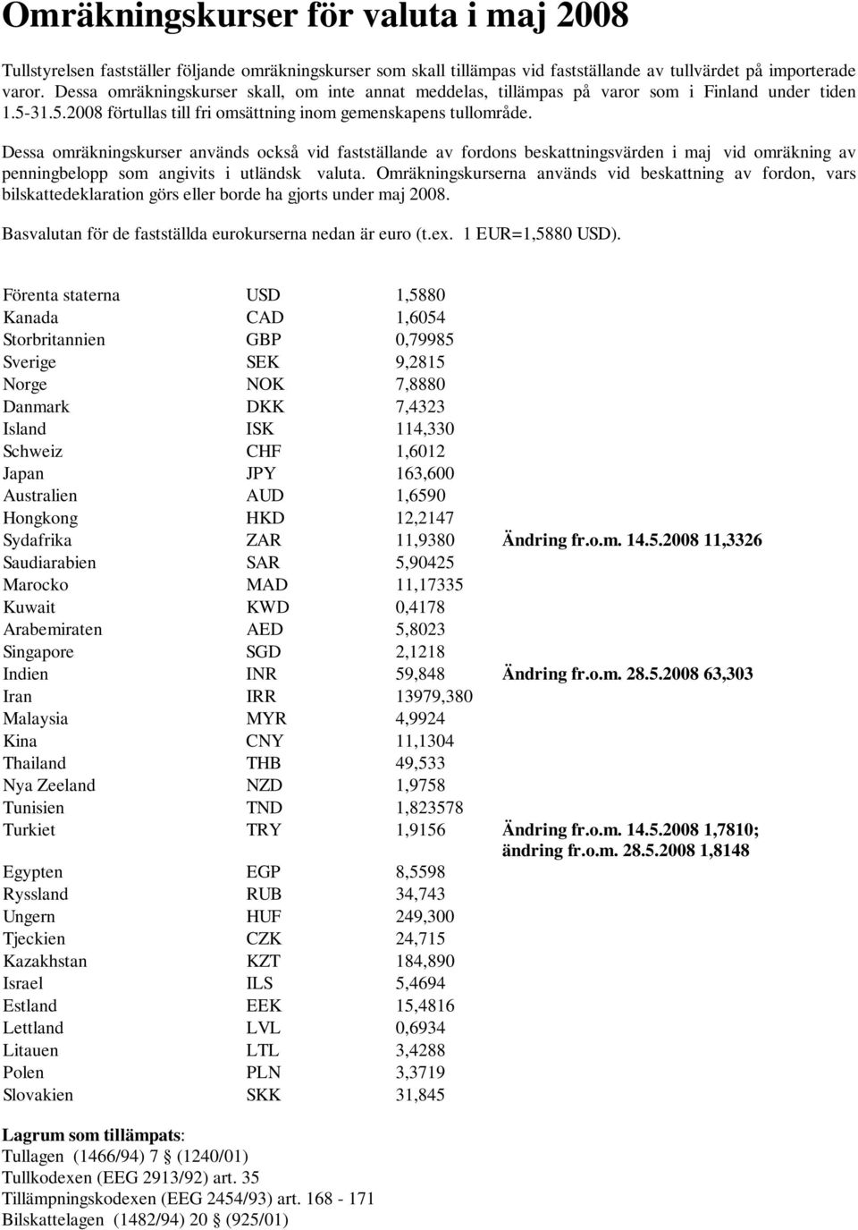 Dessa omräkningskurser används också vid fastställande av fordons beskattningsvärden i maj vid omräkning av penningbelopp som angivits i utländsk valuta.