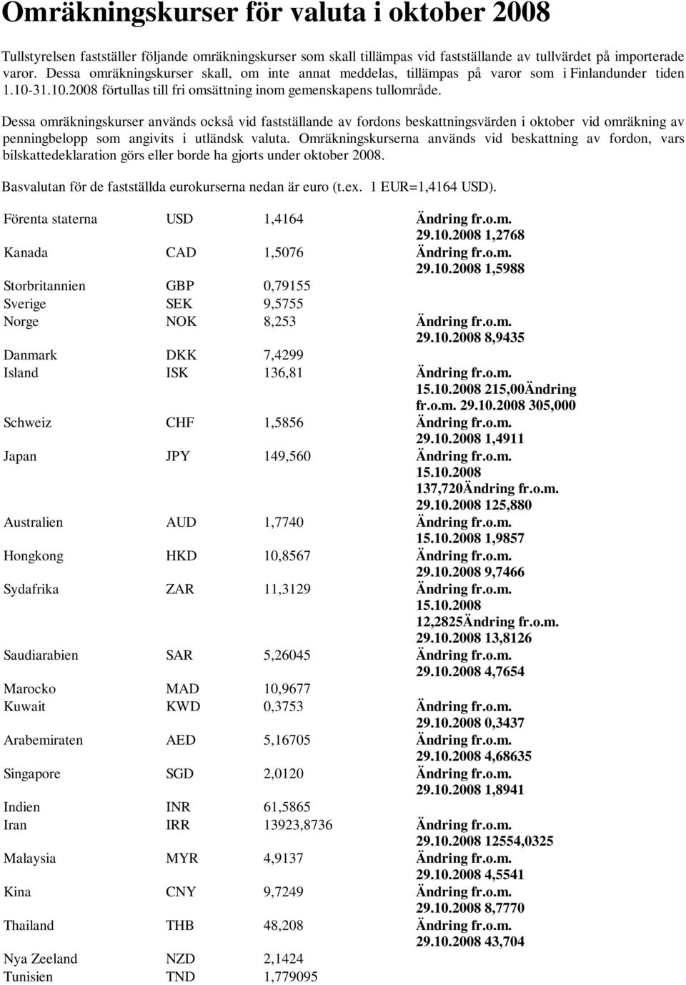 Dessa omräkningskurser används också vid fastställande av fordons beskattningsvärden i oktober vid omräkning av penningbelopp som angivits i utländsk valuta.