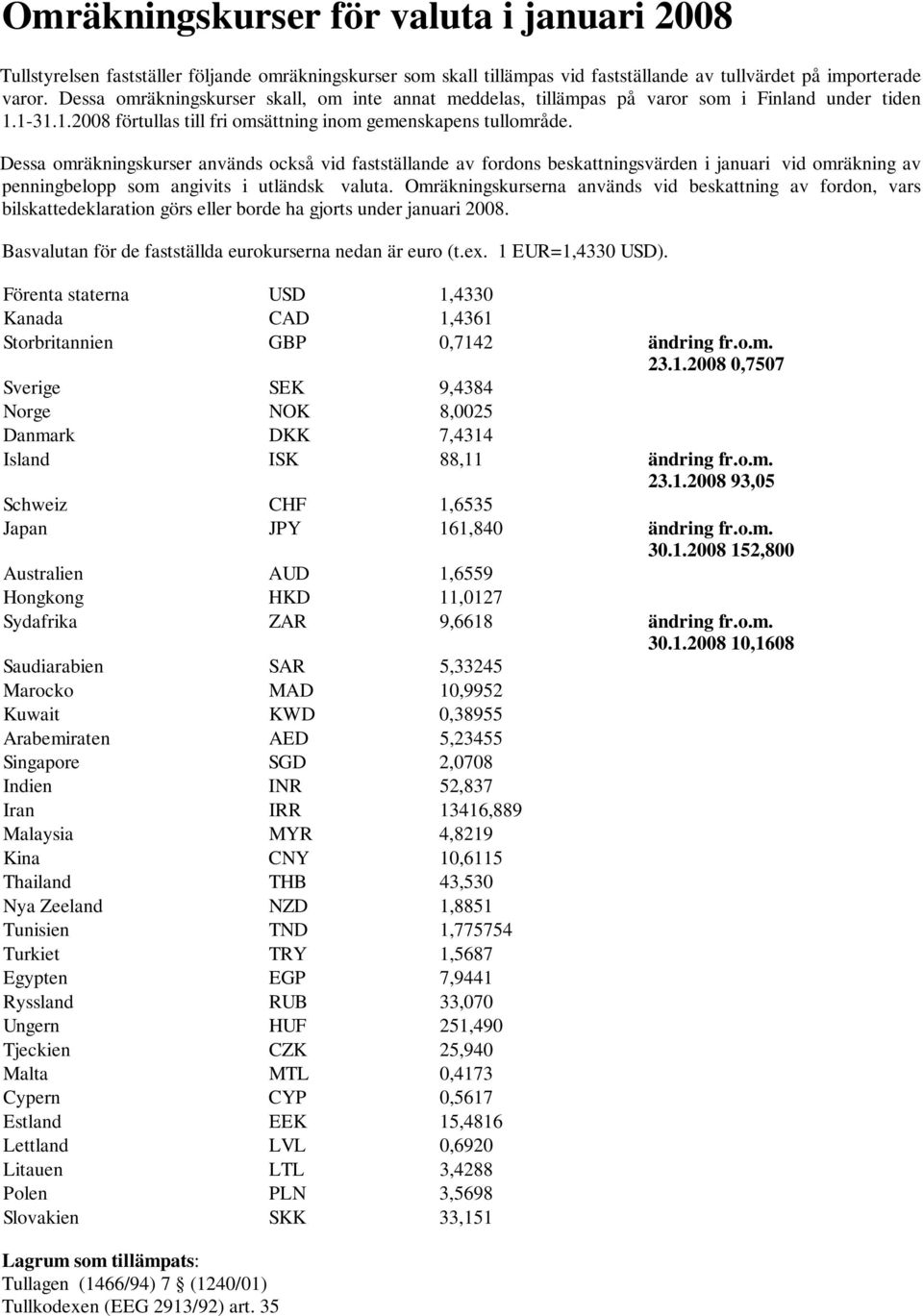 Dessa omräkningskurser används också vid fastställande av fordons beskattningsvärden i januari vid omräkning av penningbelopp som angivits i utländsk valuta.