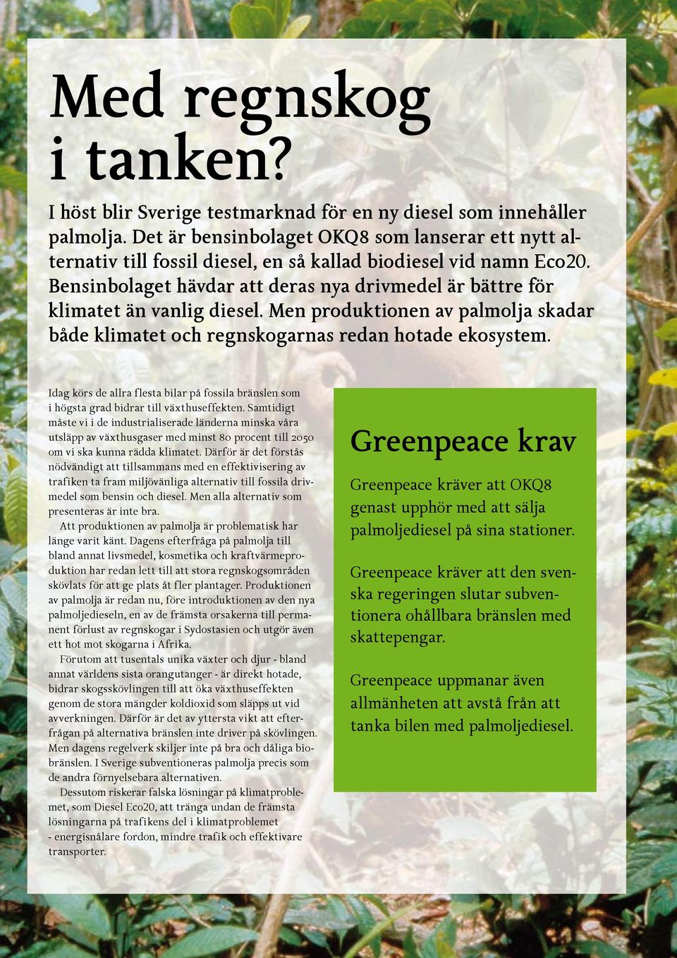 Bensinbolaget hävdar att deras nya drivmedel är bättre för klimatet än vanlig diesel. Men produktionen av palmolja skadar både klimatet och regnskogarnas redan hotade ekosystem.