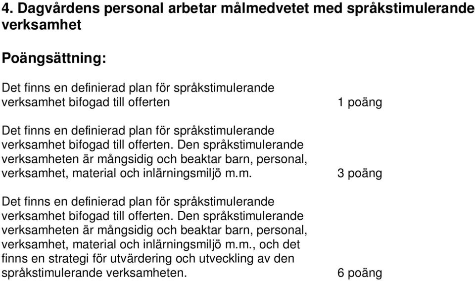 Den språkstimulerande verksamheten är mångsidig och beaktar barn, personal, verksamhet, material och inlärningsmiljö m.m.  Den språkstimulerande verksamheten är mångsidig och beaktar barn, personal, verksamhet, material och inlärningsmiljö m.