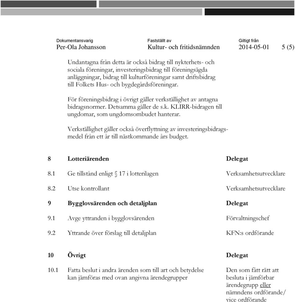 Verkställighet gäller också överflyttning av investeringsbidragsmedel från ett år till nästkommande års budget. 8 Lotteriärenden Delegat 8.