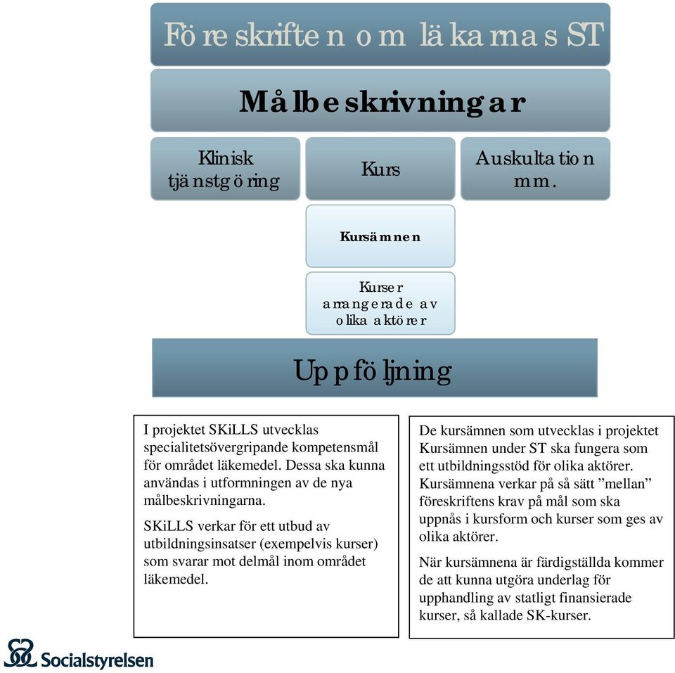 Dessa ska kunna användas i utformningen av de nya målbeskrivningarna. SKiLLS verkar för ett utbud av utbildningsinsatser (exempelvis kurser) som svarar mot delmål inom området läkemedel.