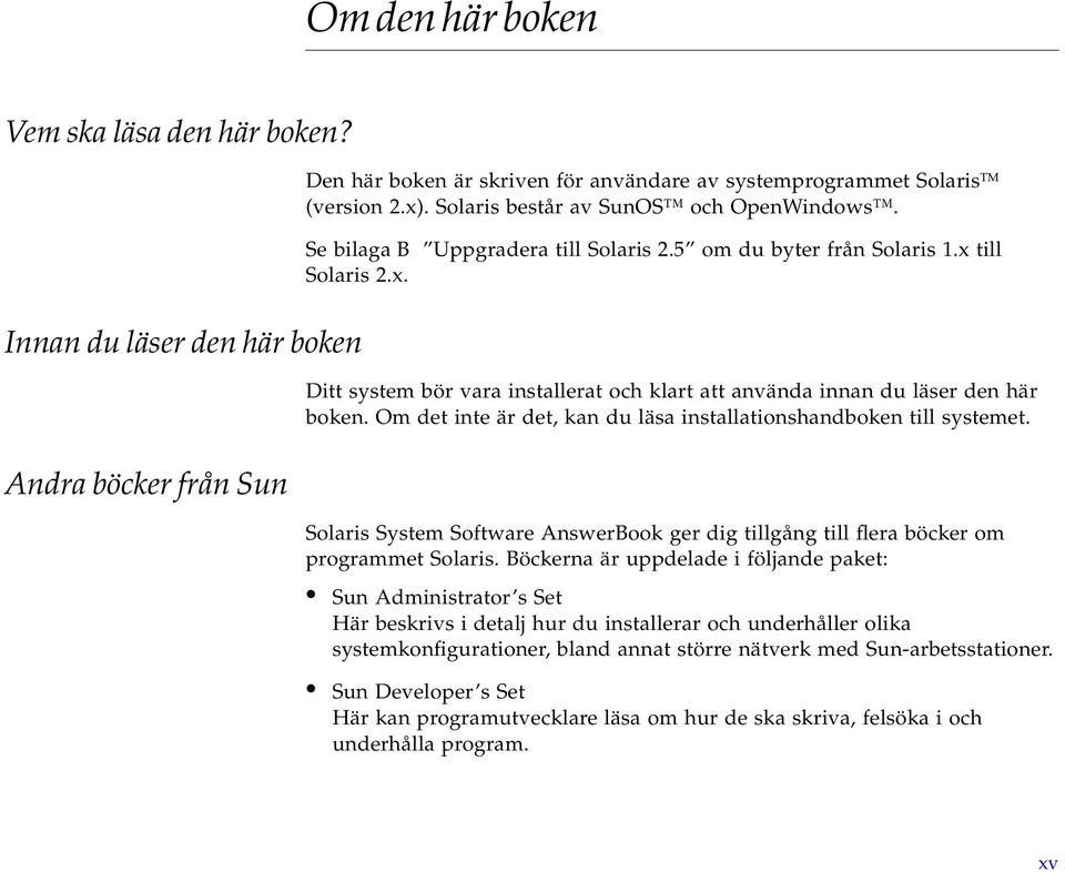 Om det inte är det, kan du läsa installationshandboken till systemet. Andra böcker från Sun Solaris System Software AnswerBook ger dig tillgång till flera böcker om programmet Solaris.