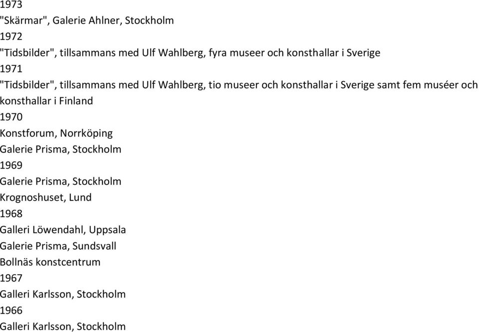 i Finland 1970 Konstforum, Norrköping Galerie Prisma, Stockholm 1969 Galerie Prisma, Stockholm Krognoshuset, Lund 1968 Galleri