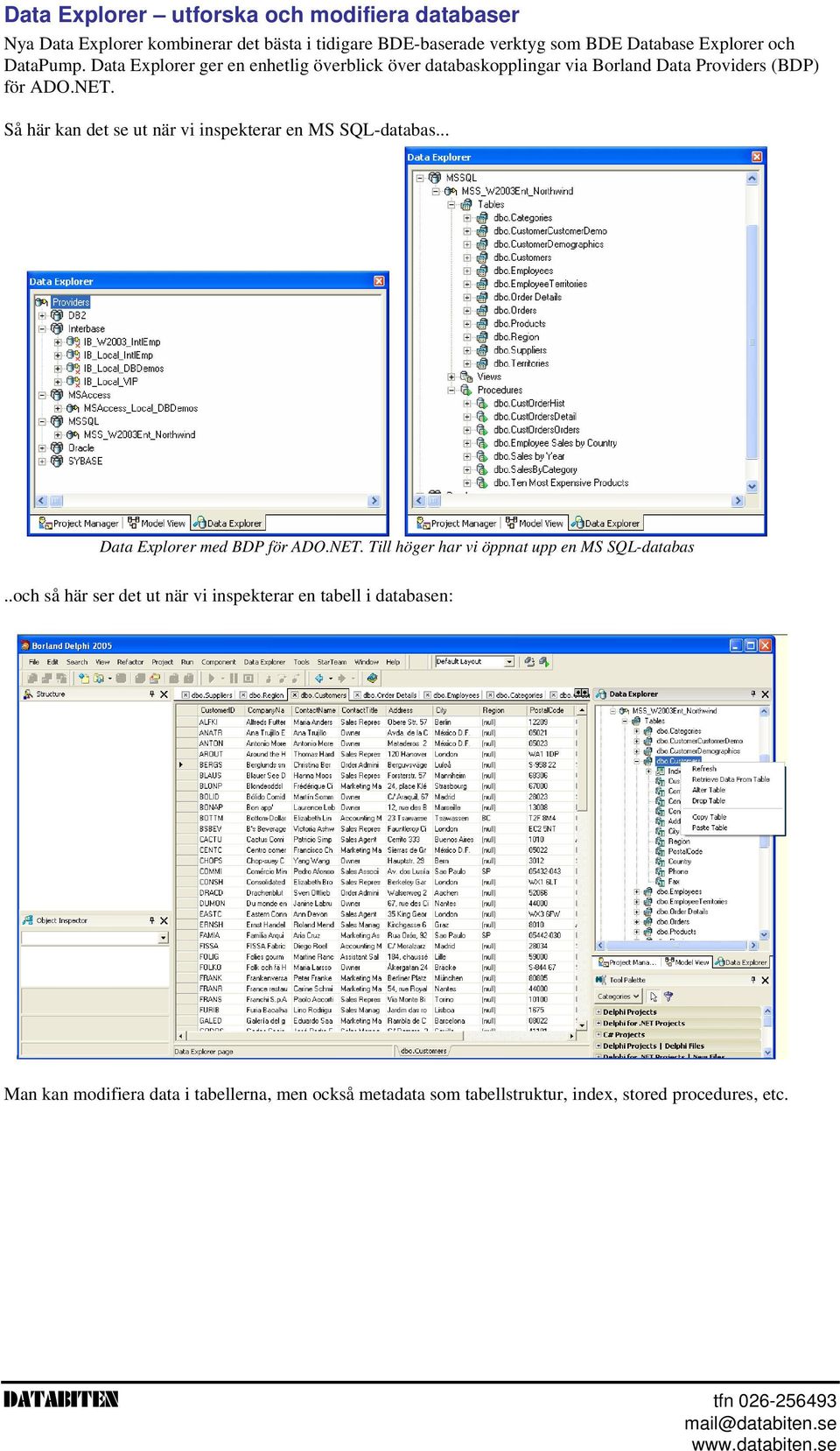 Så här kan det se ut när vi inspekterar en MS SQL-databas... Data Explorer med BDP för ADO.NET. Till höger har vi öppnat upp en MS SQL-databas.