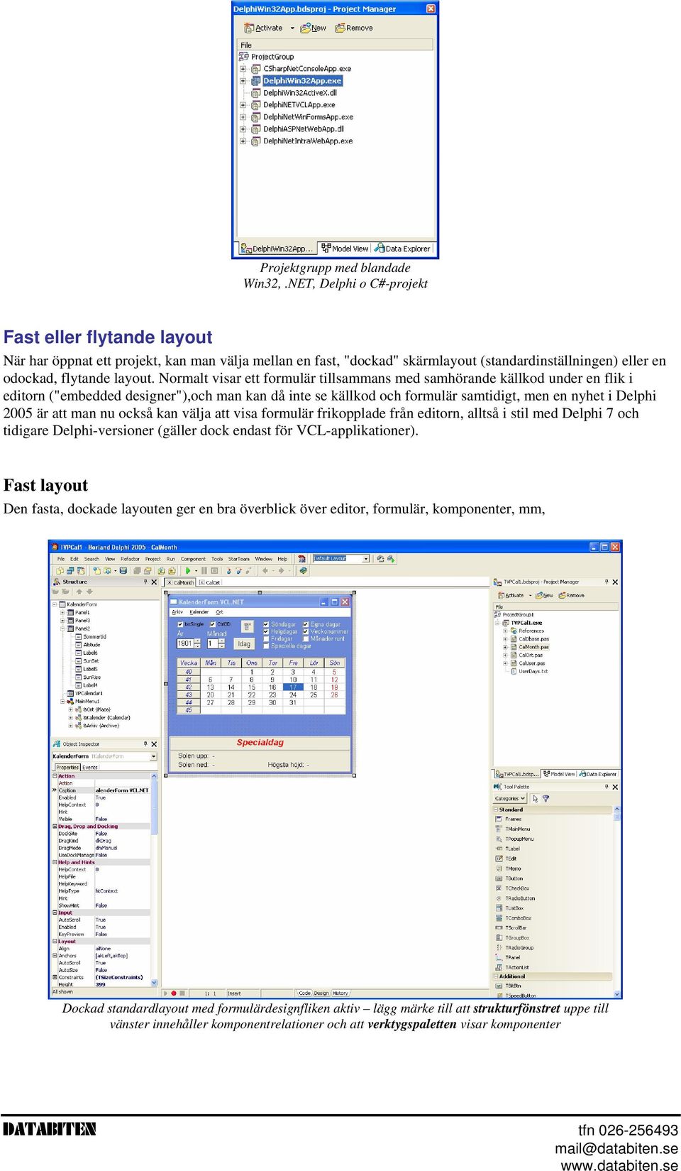 Normalt visar ett formulär tillsammans med samhörande källkod under en flik i editorn ("embedded designer"),och man kan då inte se källkod och formulär samtidigt, men en nyhet i Delphi 2005 är att