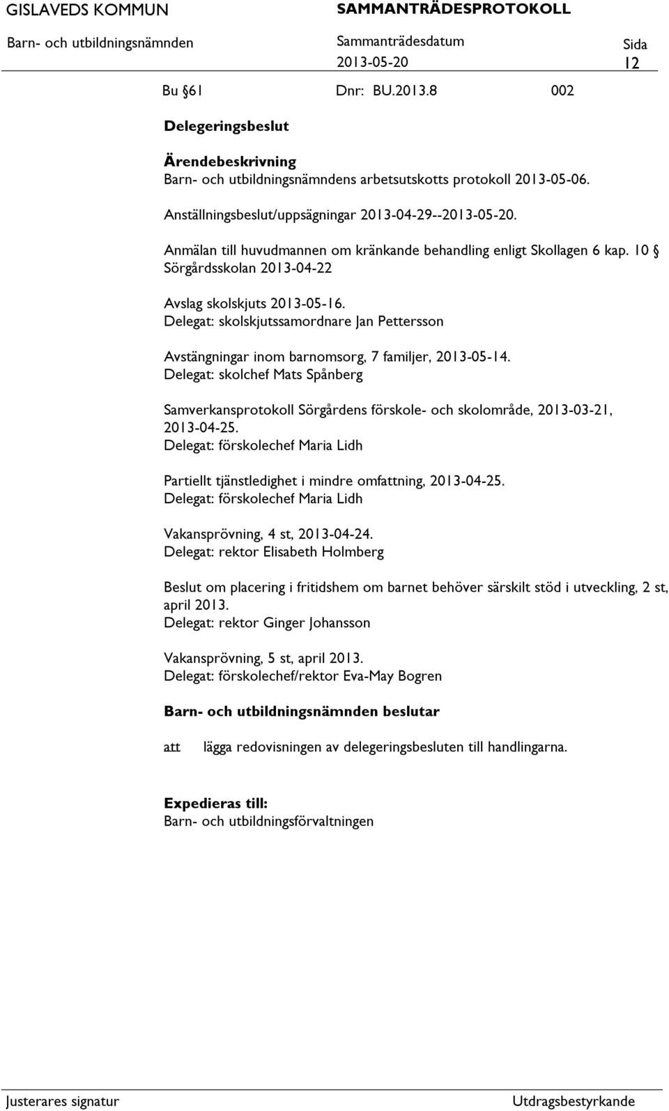 Delegat: skolskjutssamordnare Jan Pettersson Avstängningar inom barnomsorg, 7 familjer, 2013-05-14.