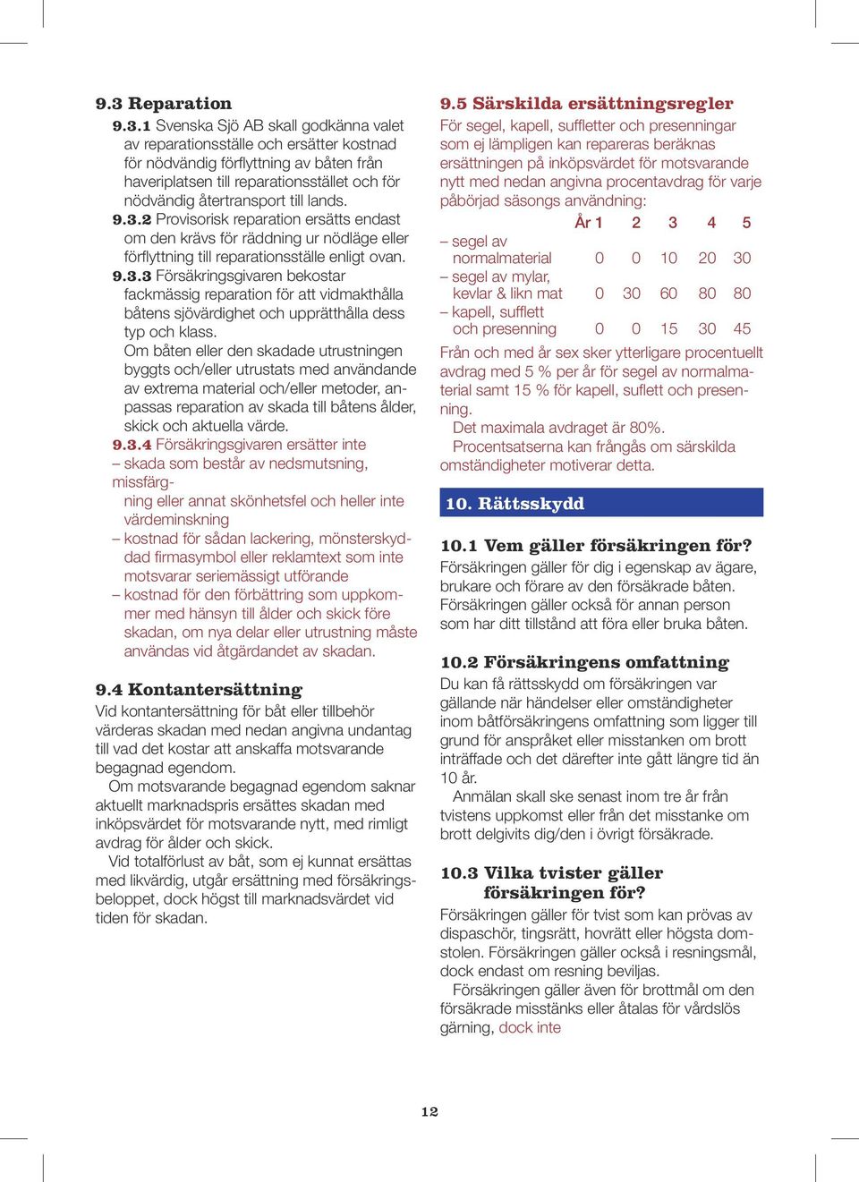 Om båten eller den skadade utrustningen byggts och/eller utrustats med användande av extrema material och/eller metoder, anpassas reparation av skada till båtens ålder, skick och aktuella värde. 9.3.