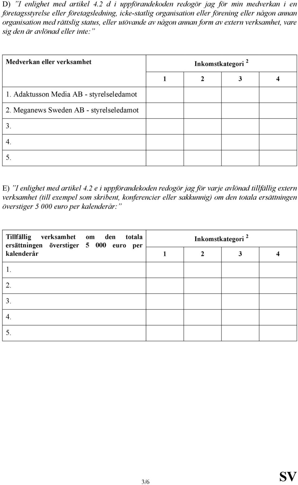 styrelseledamot Meganews Sweden AB - styrelseledamot E) I enlighet med artikel 2 e i uppförandekoden redogör jag för varje avlönad tillfällig extern verksamhet (till exempel som