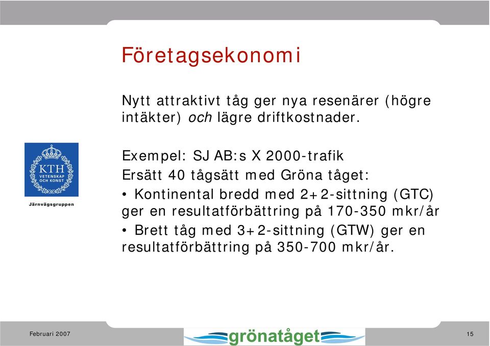 Exempel: SJ AB:s X 2000-trafik Ersätt 40 tågsätt med Gröna tåget: Kontinental