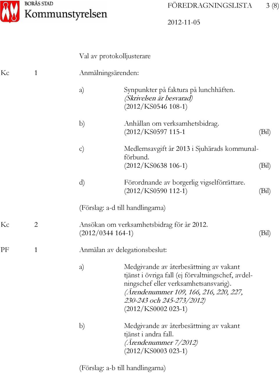 (2012/KS0638 106-1) (Bil) d) Förordnande av borgerlig vigselförrättare. (2012/KS0590 112-1) (Bil) (Förslag: a-d till handlingarna) Kc 2 Ansökan om verksamhetsbidrag för år 2012.