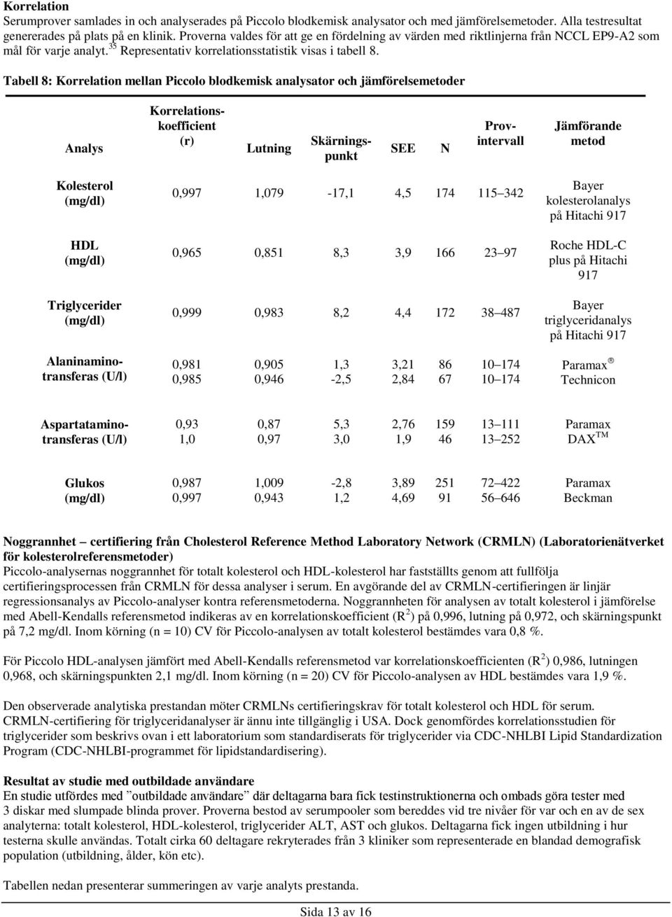 Tabell 8: Korrelation mellan Piccolo blodkemisk analysator och jämförelsemetoder Analys Korrelationskoefficient (r) Lutning SEE N Skärningspunkt Provintervall Jämförande metod Kolesterol (mg/dl) HDL