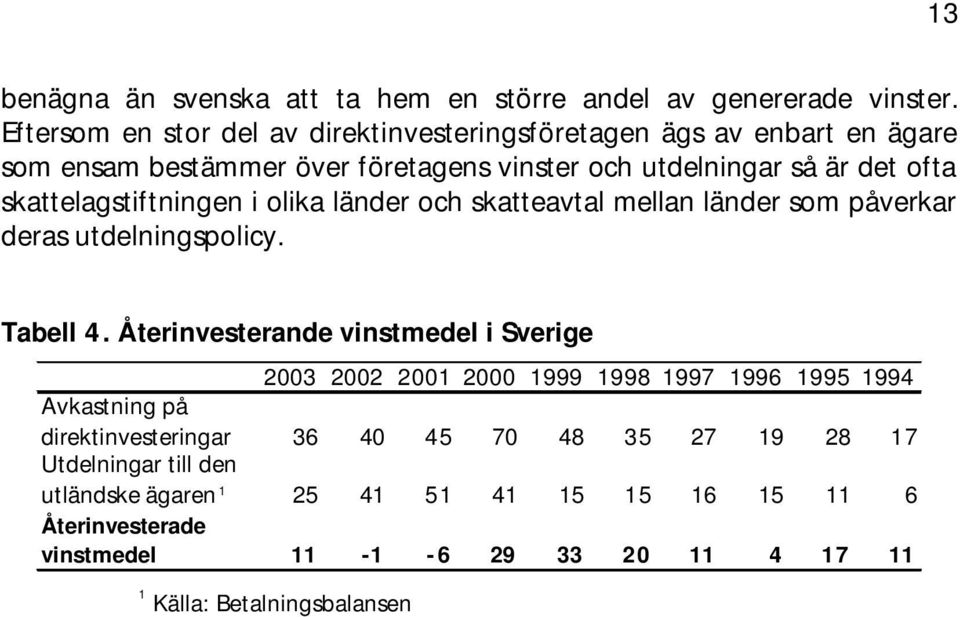 skattelagstiftningen i olika länder och skatteavtal mellan länder som påverkar deras utdelningspolicy. Tabell 4.