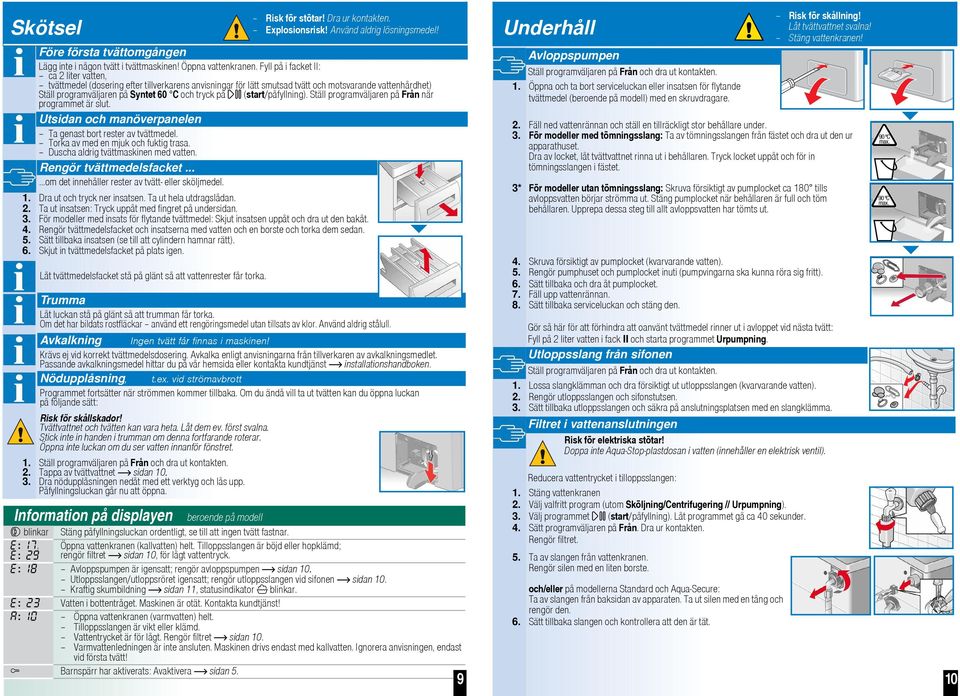 (start/påfyllning). Ställ programväljaren på Från när programmet är slut. Utsidan och manöverpanelen Ta genast bort rester av tvättmedel. Torka av med en mjuk och fuktig trasa.