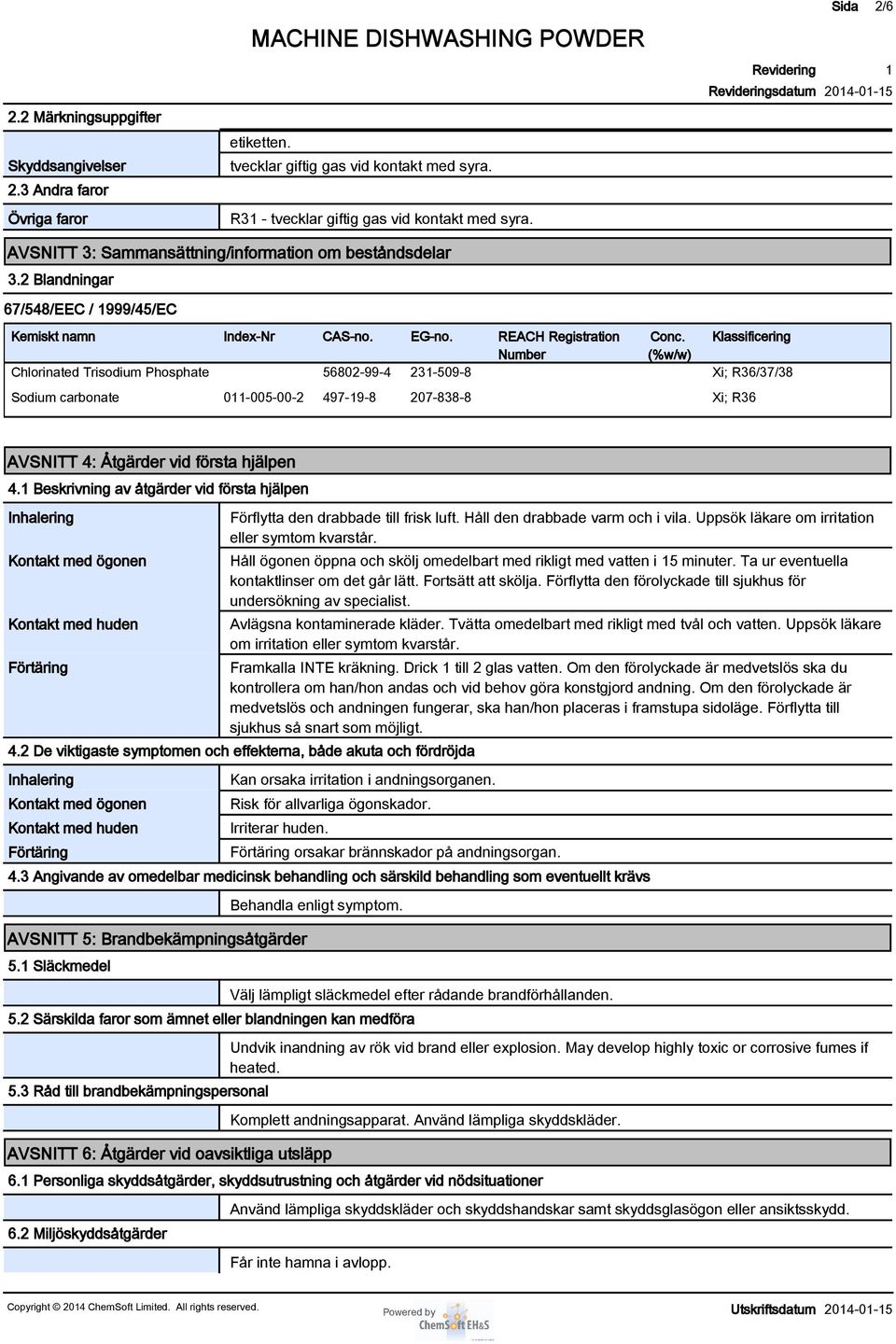 Klassificering Number (%w/w) Chlorinated Trisodium Phosphate 56802-99-4 23-509-8 Xi; R36/37/38 Sodium carbonate 0-005-00-2 497-9-8 207-838-8 Xi; R36 AVSNITT 4: Åtgärder vid första hjälpen 4.