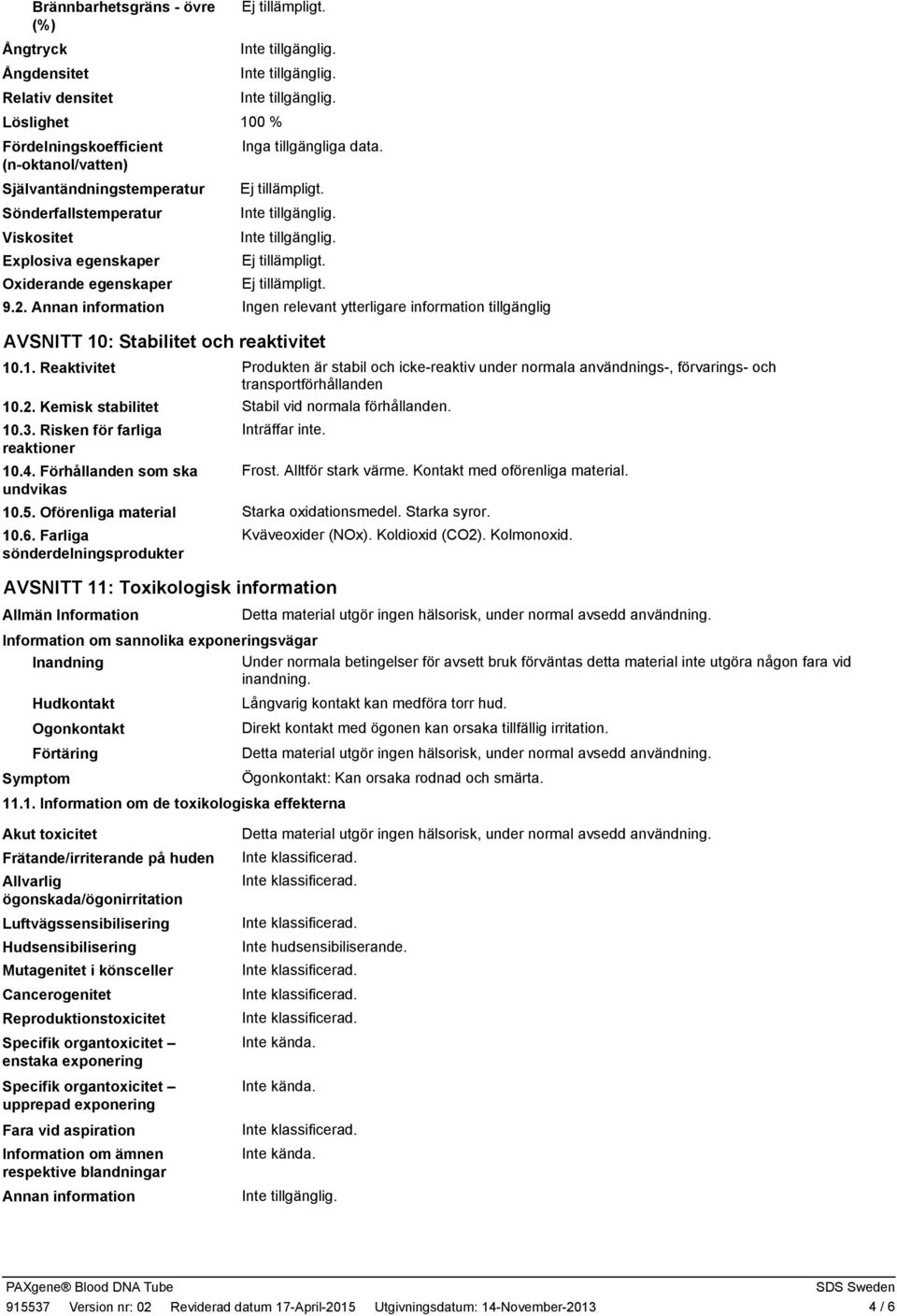 Risken för farliga reaktioner 10.4. Förhållanden som ska undvikas 10.5. Oförenliga material 10.6.