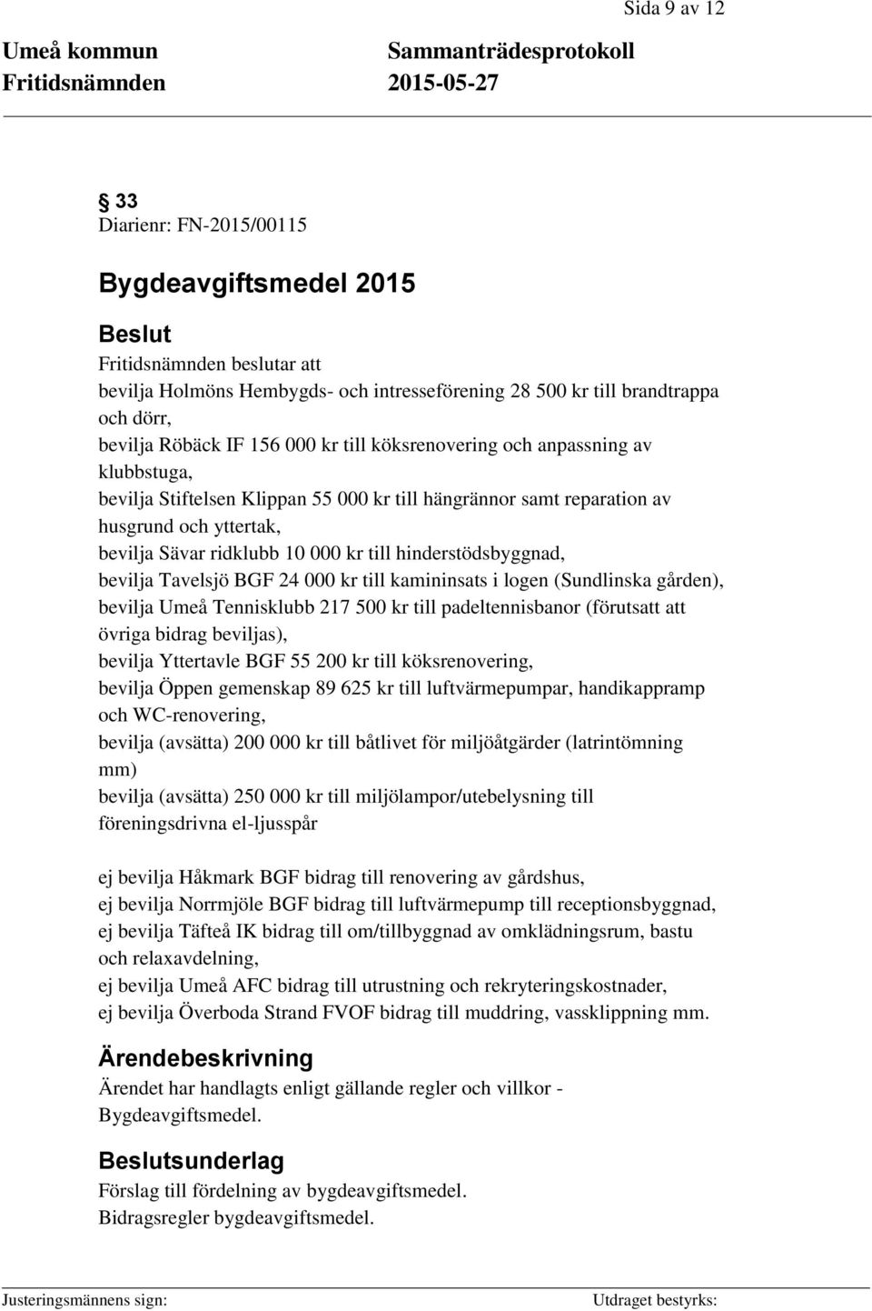 hinderstödsbyggnad, bevilja Tavelsjö BGF 24 000 kr till kamininsats i logen (Sundlinska gården), bevilja Umeå Tennisklubb 217 500 kr till padeltennisbanor (förutsatt att övriga bidrag beviljas),