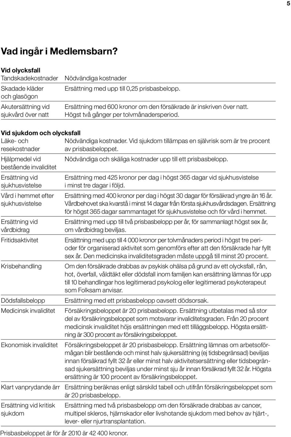 Vid sjukdom tillämpas en självrisk som är tre procent resekostnader av prisbasbeloppet. Hjälpmedel vid Nödvändiga och skäliga kostnader upp till ett prisbasbelopp.