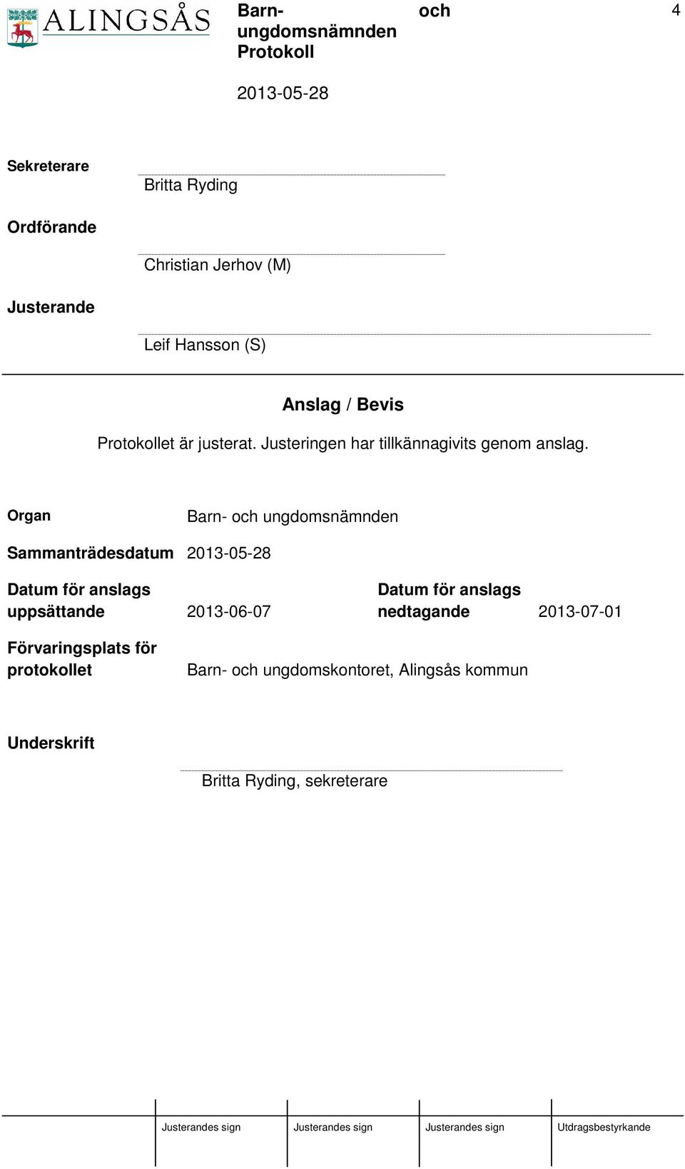 Organ Barn- ungdomsnämnden Sammanträdesdatum Datum för anslags uppsättande 2013-06-07 Datum för