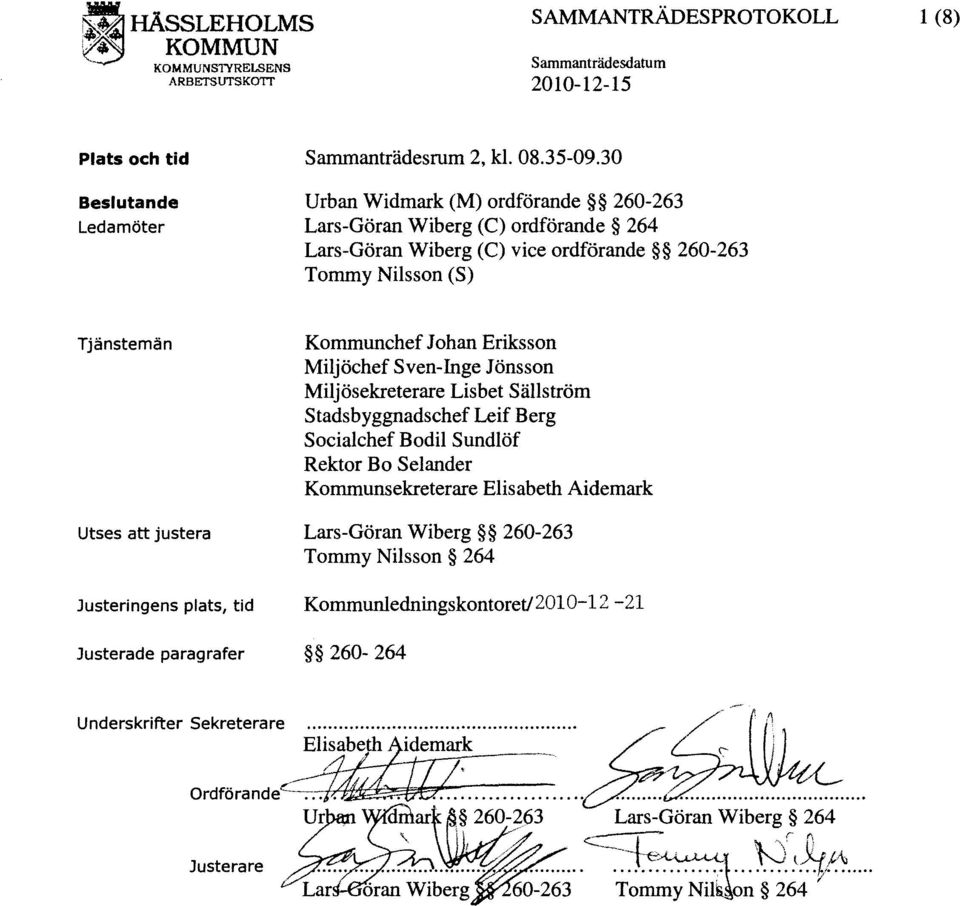 plats, tid Justerade paragrafer Kommunchef Johan Eriksson Miljöchef Sven-Inge Jönsson Miljösekreterare Lisbet Sällström Stadsbyggnadschef Leif Berg Socialchef Bodil Sundlöf Rektor Bo Selander