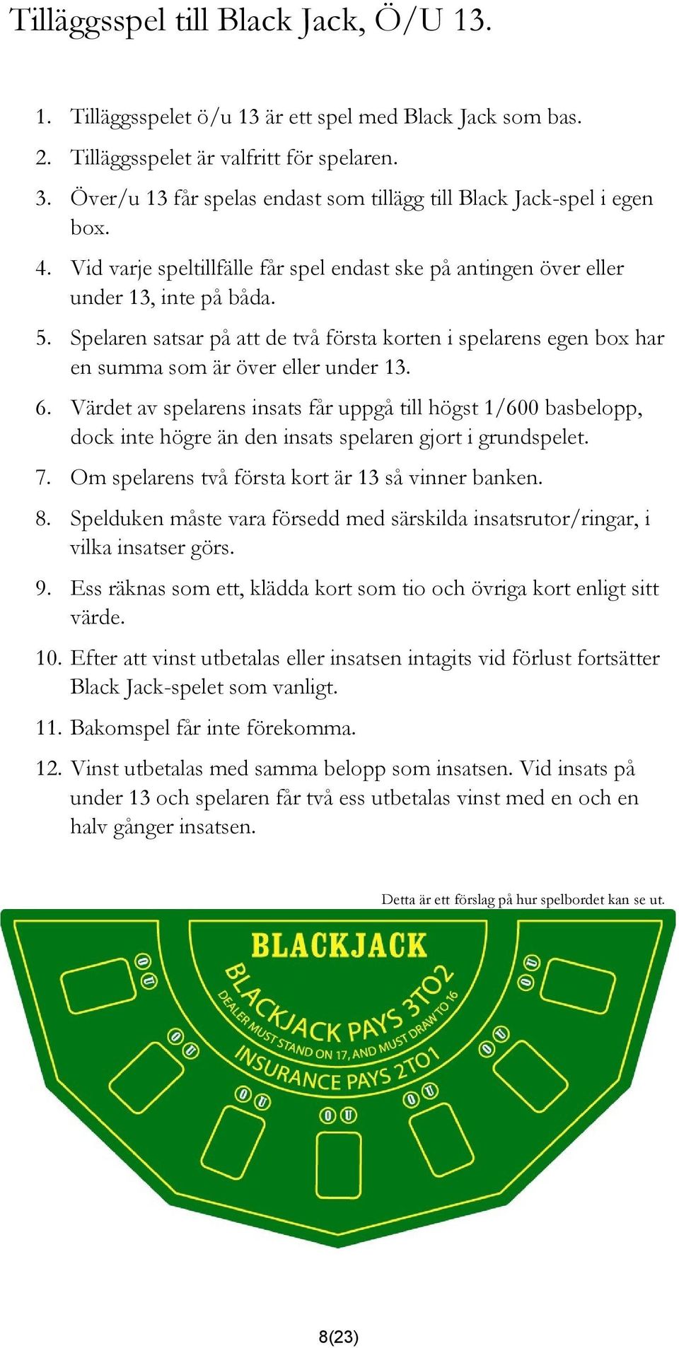 Spelaren satsar på att de två första korten i spelarens egen box har en summa som är över eller under 13. 6.