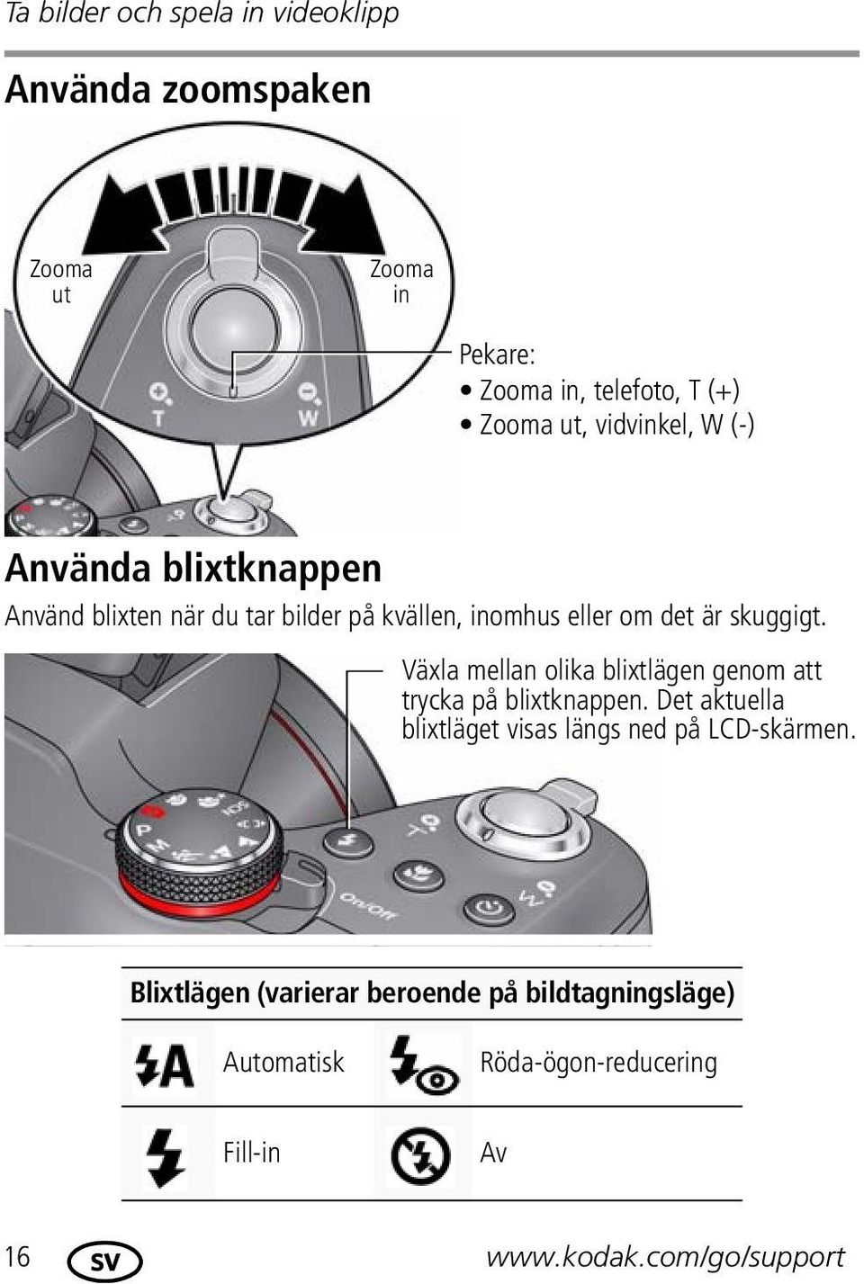 Växla mellan olika blixtlägen genom att trycka på blixtknappen. Det aktuella blixtläget visas längs ned på LCD-skärmen.