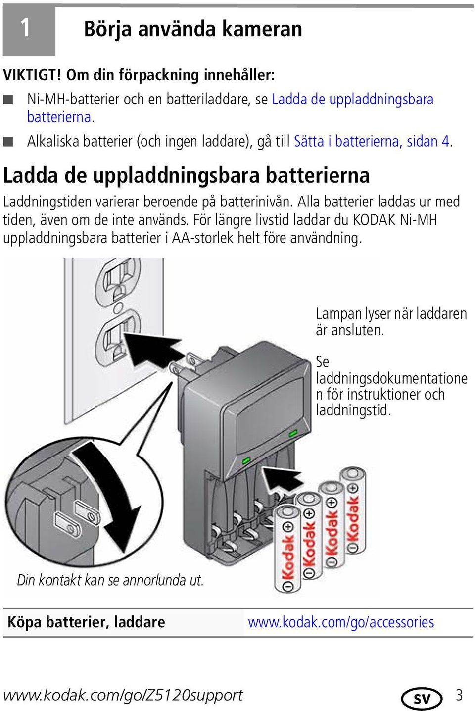 Alla batterier laddas ur med tiden, även om de inte används. För längre livstid laddar du KODAK Ni-MH uppladdningsbara batterier i AA-storlek helt före användning.