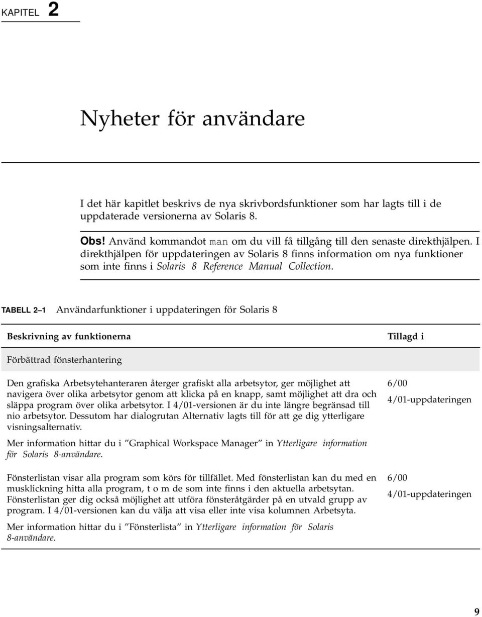 I direkthjälpen för uppdateringen av Solaris 8 finns information om nya funktioner som inte finns i Solaris 8 Reference Manual Collection.