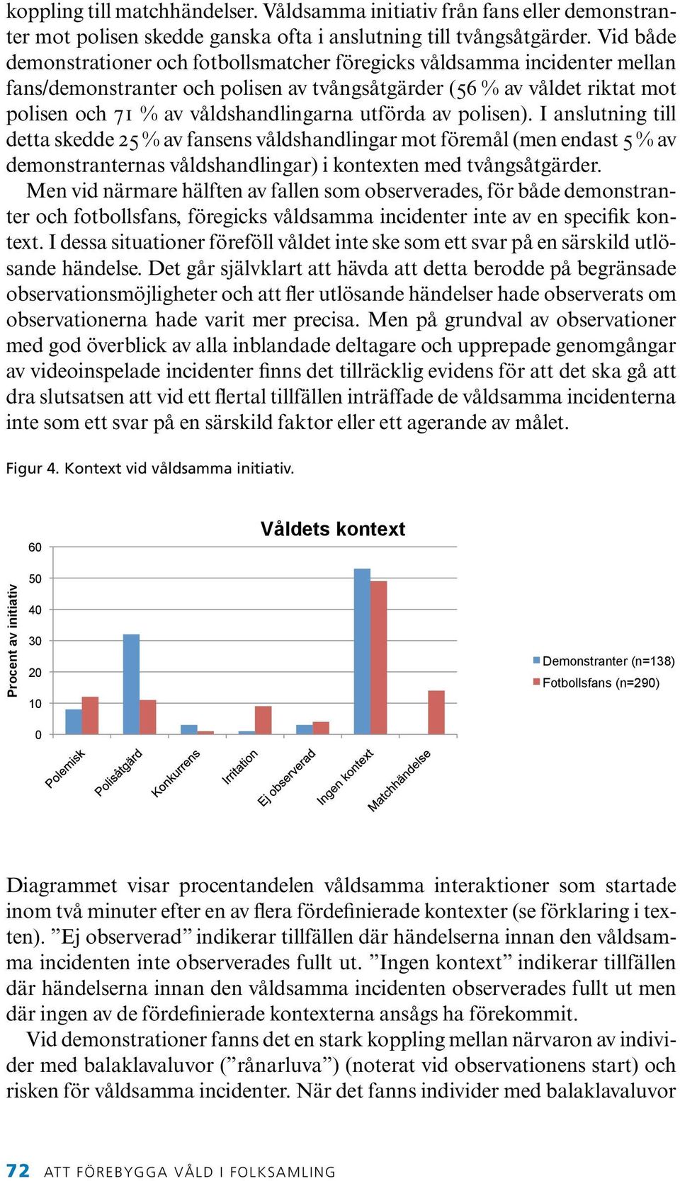 utförda av polisen). I anslutning till detta skedde 25 % av fansens våldshandlingar mot föremål (men endast 5 % av demonstranternas våldshandlingar) i kontexten med tvångsåtgärder.