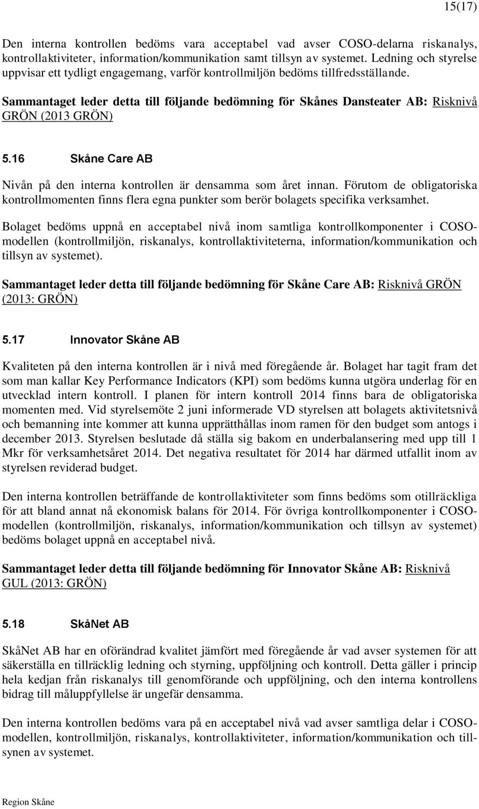 Sammantaget leder detta till följande bedömning för Skånes Dansteater AB: Risknivå GRÖN (2013 GRÖN) 5.16 Skåne Care AB Nivån på den interna kontrollen är densamma som året innan.