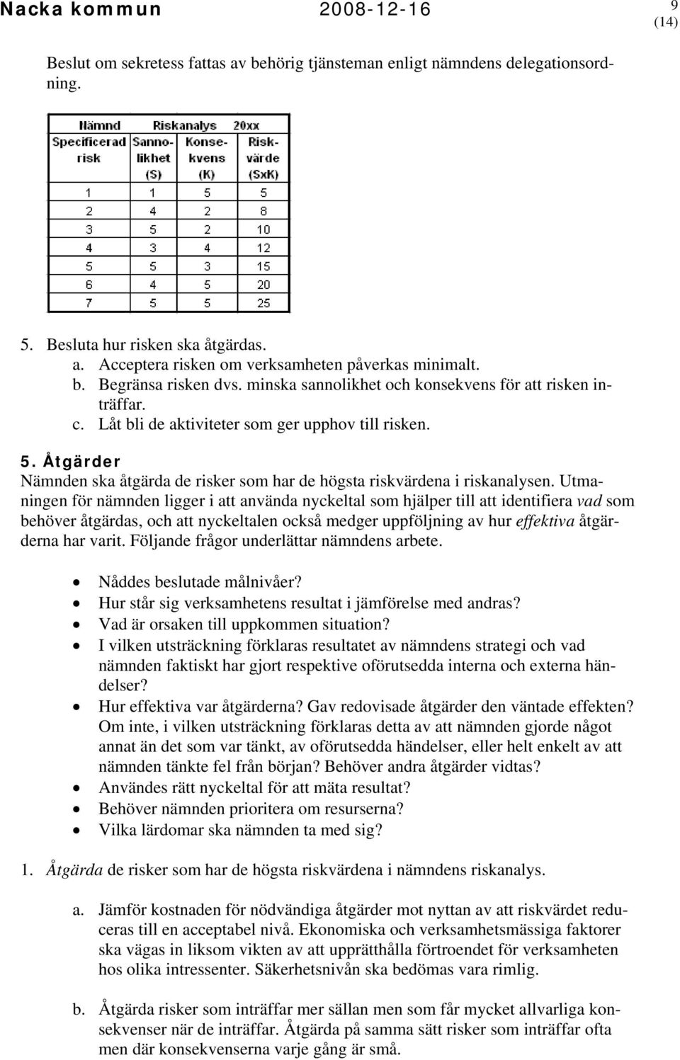 Åtgärder Nämnden ska åtgärda de risker som har de högsta riskvärdena i riskanalysen.