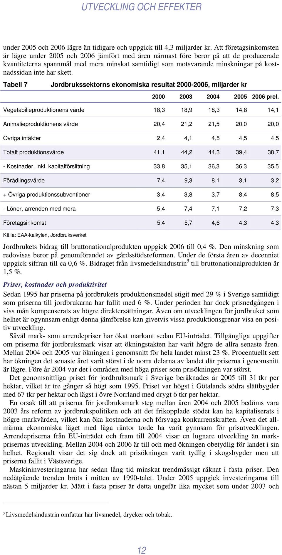 kostnadssidan inte har skett. Tabell 7 Jordbrukssektorns ekonomiska resultat 2000-2006, miljarder kr 2000 2003 2004 2005 2006 prel.