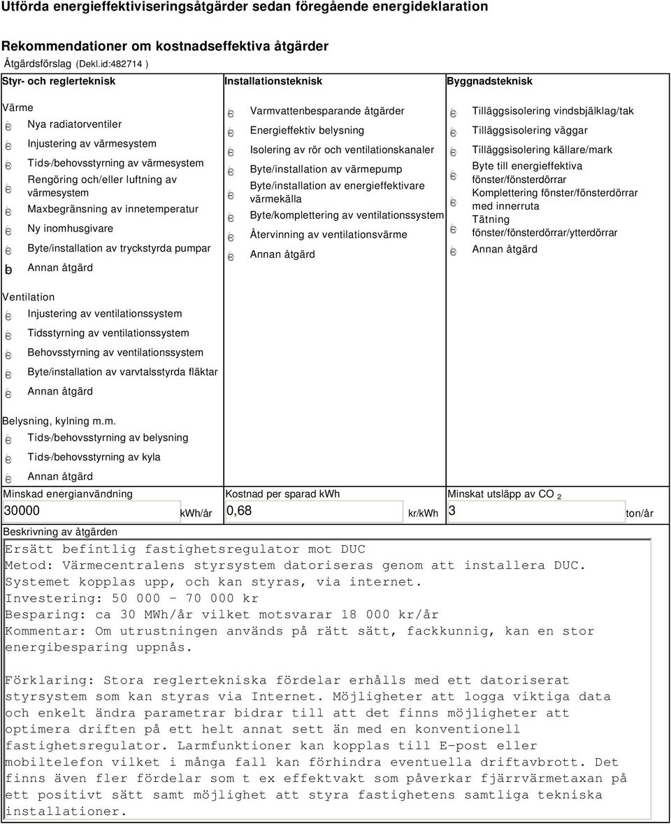 värmesystem Maxbegränsning av innetemperatur Ny inomhusgivare Byte/installation av tryckstyrda pumpar Varmvattenbesparande åtgärder Energieffektiv belysning Isolering av rör och ventilationskanaler