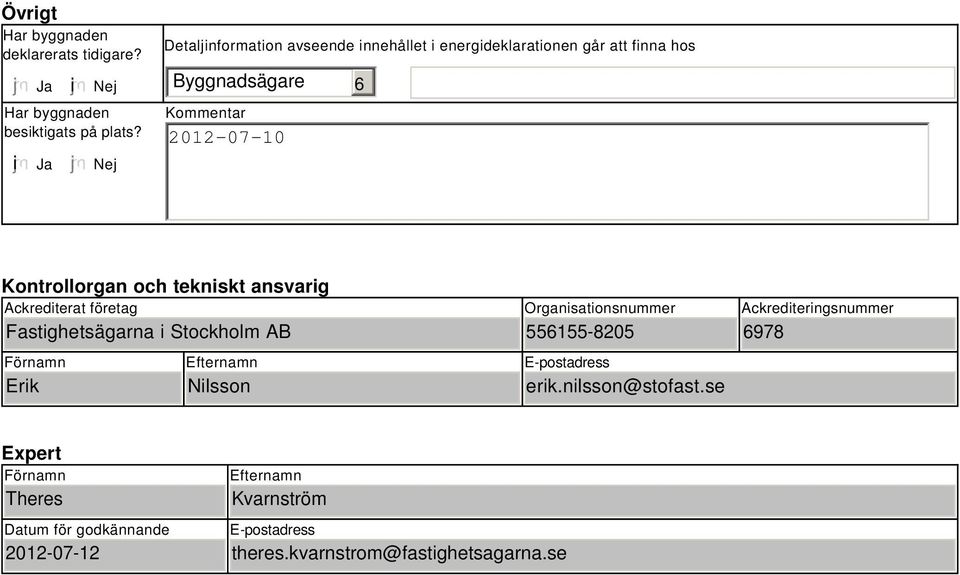 tekniskt ansvarig Ackrediterat företag Fastighetsägarna i Stockholm AB Förnamn Erik Efternamn Nilsson Organisationsnummer 556155-8205