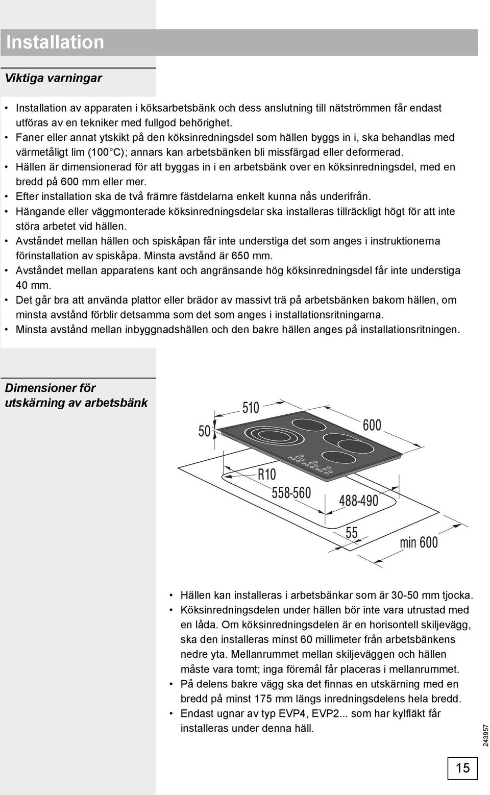 Hällen är dimensionerad för att byggas in i en arbetsbänk over en köksinredningsdel, med en bredd på 600 mm eller mer. Efter installation ska de två främre fästdelarna enkelt kunna nås underifrån.