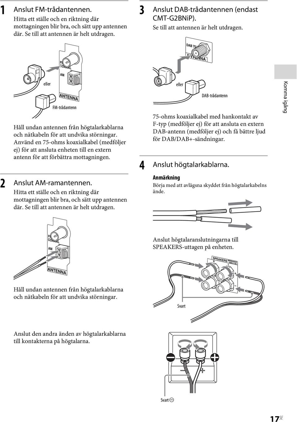 Använd en 75-ohms koaxialkabel (medföljer ej) för att ansluta enheten till en extern antenn för att förbättra mottagningen. Anslut AM-ramantennen.