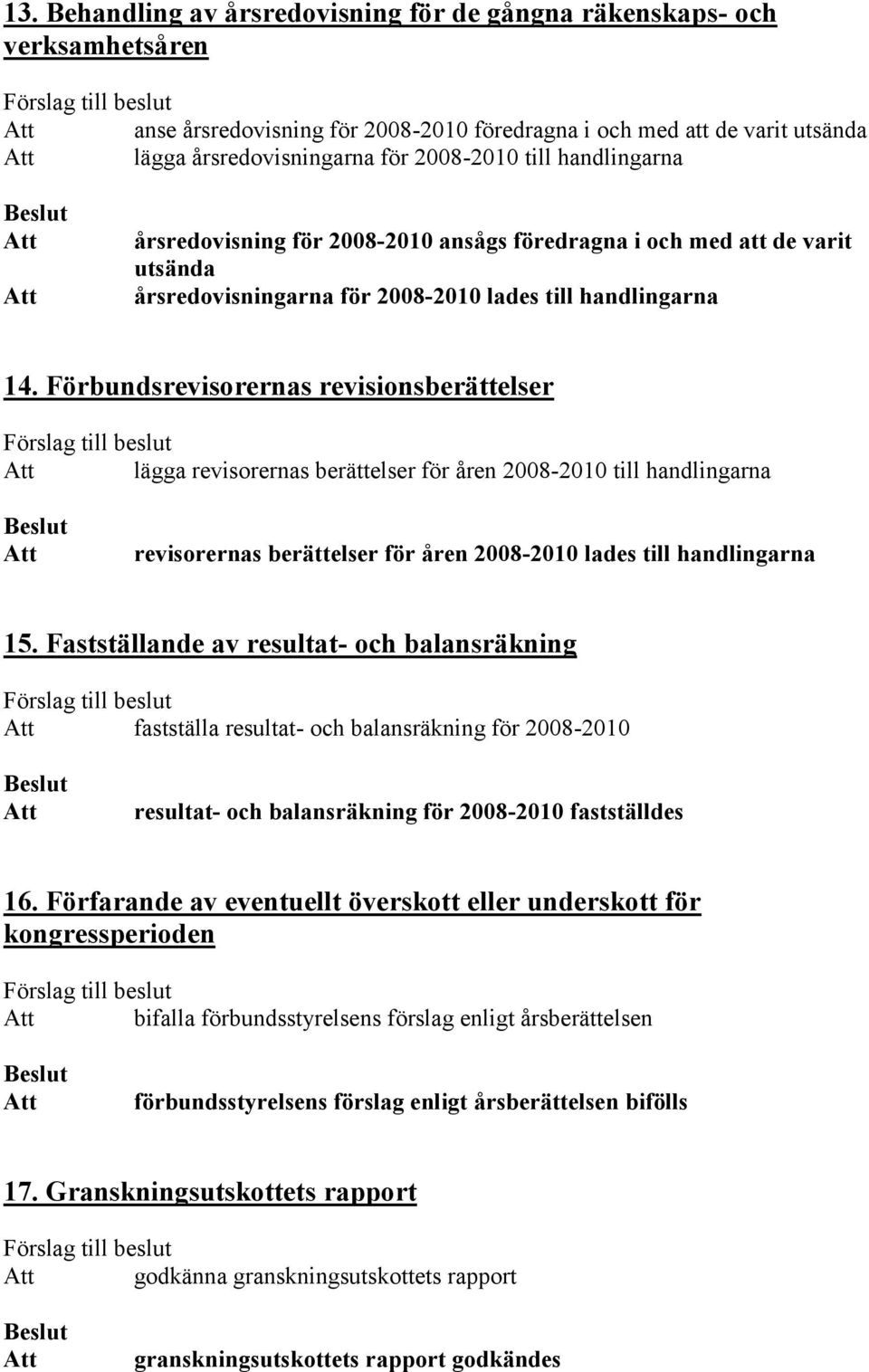 Förbundsrevisorernas revisionsberättelser Förslag till beslut lägga revisorernas berättelser för åren 2008-2010 till handlingarna revisorernas berättelser för åren 2008-2010 lades till handlingarna