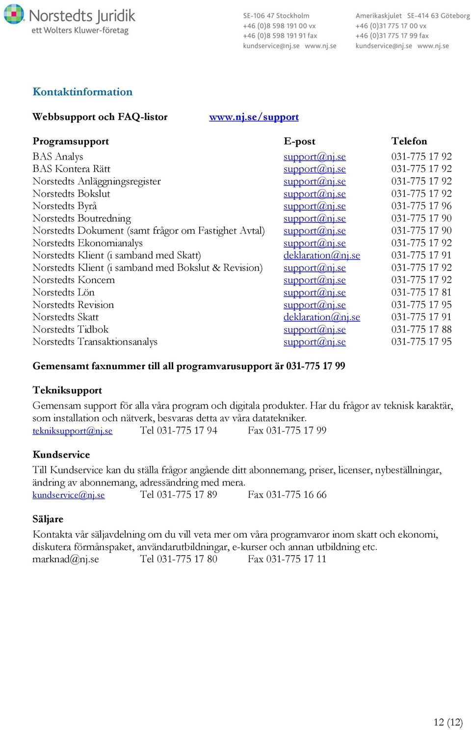 se 031-775 17 90 Norstedts Dokument (samt frågor om Fastighet Avtal) support@nj.se 031-775 17 90 Norstedts Ekonomianalys support@nj.