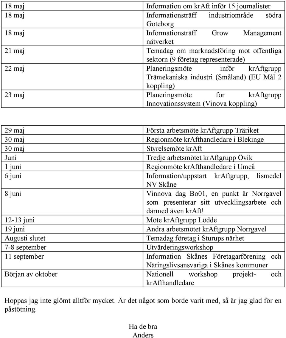 koppling) 29 maj Första arbetsmöte kraftgrupp Träriket 30 maj Regionmöte krafthandledare i Blekinge 30 maj Styrelsemöte kraft Juni Tredje arbetsmötet kraftgrupp Övik 1 juni Regionmöte krafthandledare