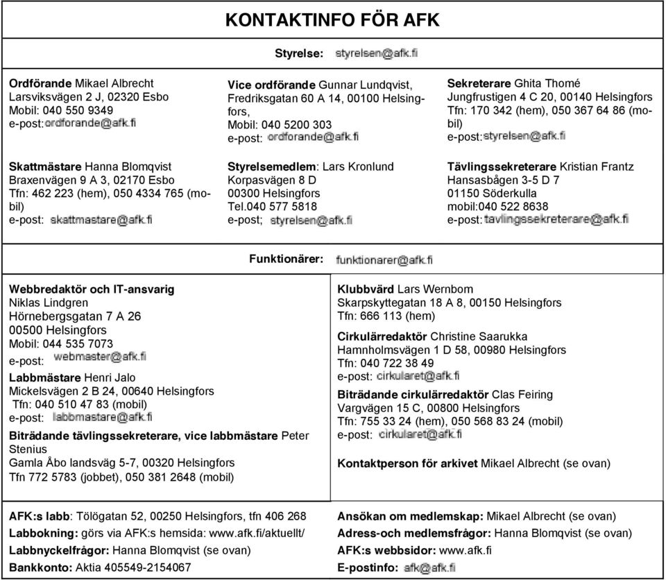 040 577 5818 e-post; Sekreterare Ghita Thomé Jungfrustigen 4 C 0, 00140 Helsingfors Tfn: 170 34 (hem), 050 367 64 86 (mobil) Tävlingssekreterare Kristian Frantz Hansasbågen 3-5 D 7 01150 Söderkulla