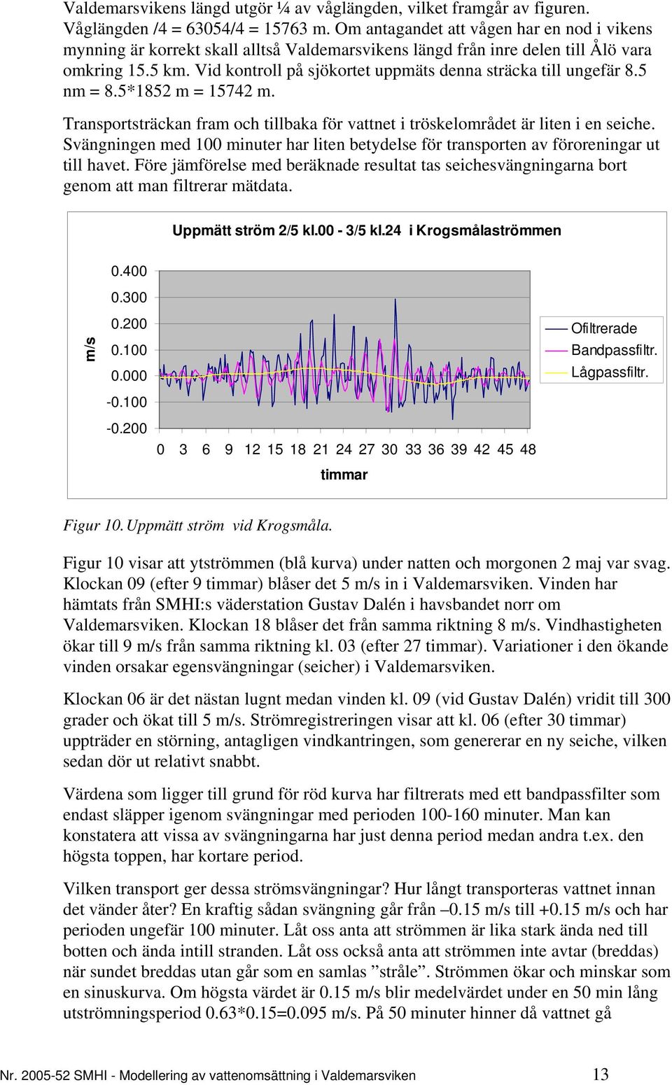 Vid kontroll på sjökortet uppmäts denna sträcka till ungefär 8.5 nm = 8.5*1852 m = 15742 m. Transportsträckan fram och tillbaka för vattnet i tröskelområdet är liten i en seiche.